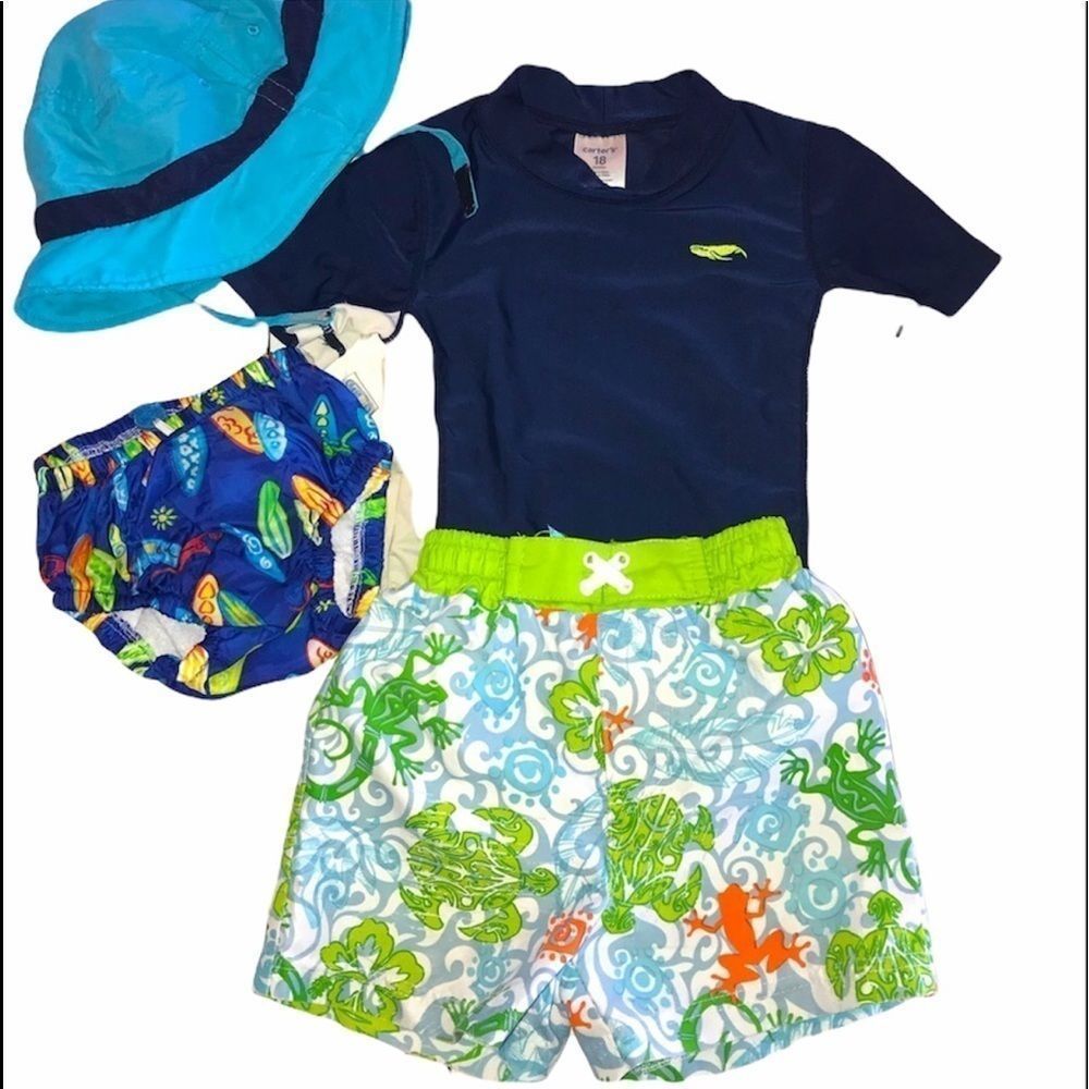 18 mo Carter’s rashguard swim trunks diaper hat lot set